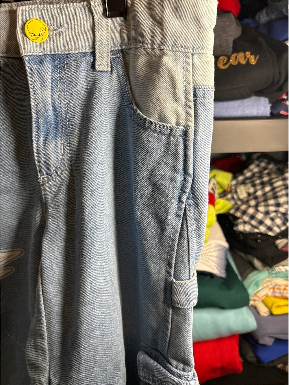 Justice Light Wash Denim Cargo Pants with Cartoon Prints